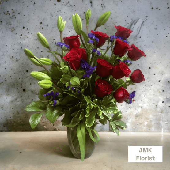 jmk red rose lilies arrangement